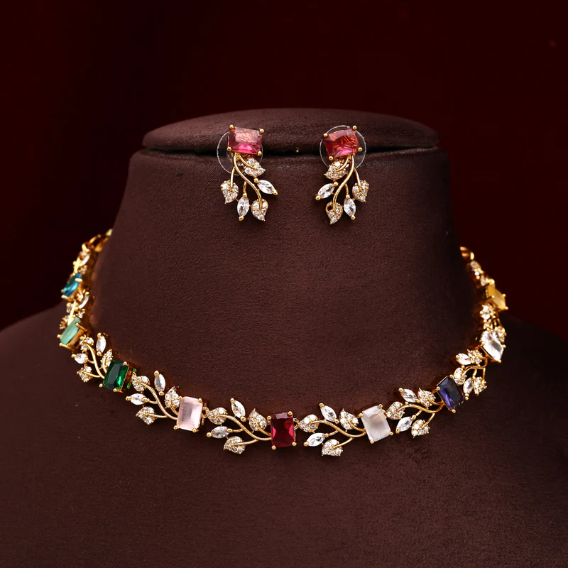 AD Leaf Stone Necklace set - Multicolour